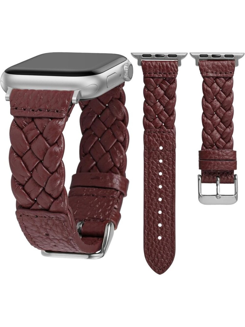 Women's Burgundy/Silver Braided Leather Strap Compatible with Apple Wrist Watch